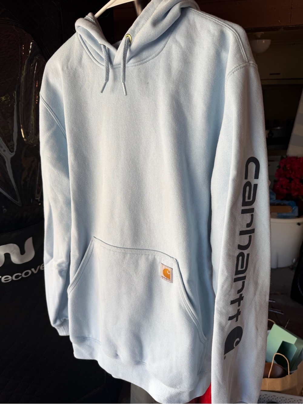 Carhartt Light Blue Pullover Hoodie with Logo Sleeve